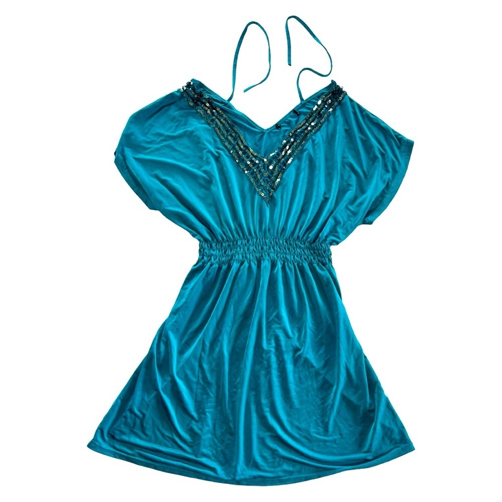 Teal Smocked Waist V-neck Summer Swim Beach
Cover Up Boho Dress Small / Medium